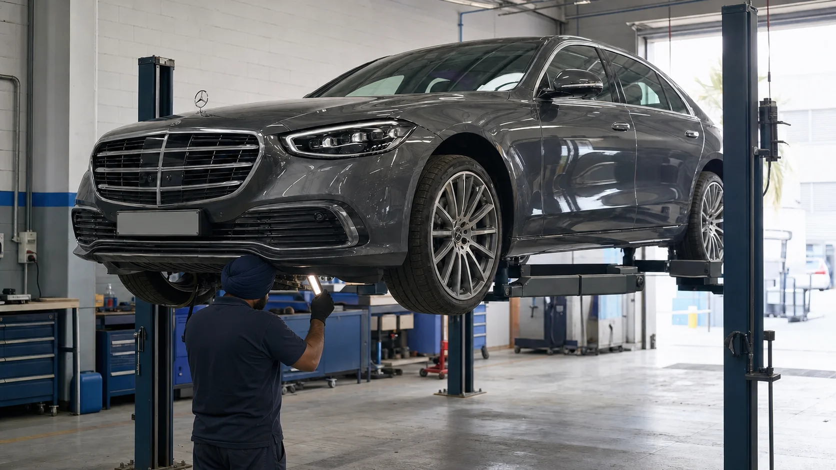 Mercedes undergoing a pre-purchase inspection on a workshop lift