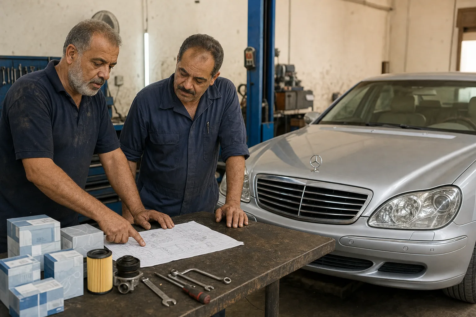 Experienced technicians sharing workshop knowledge
